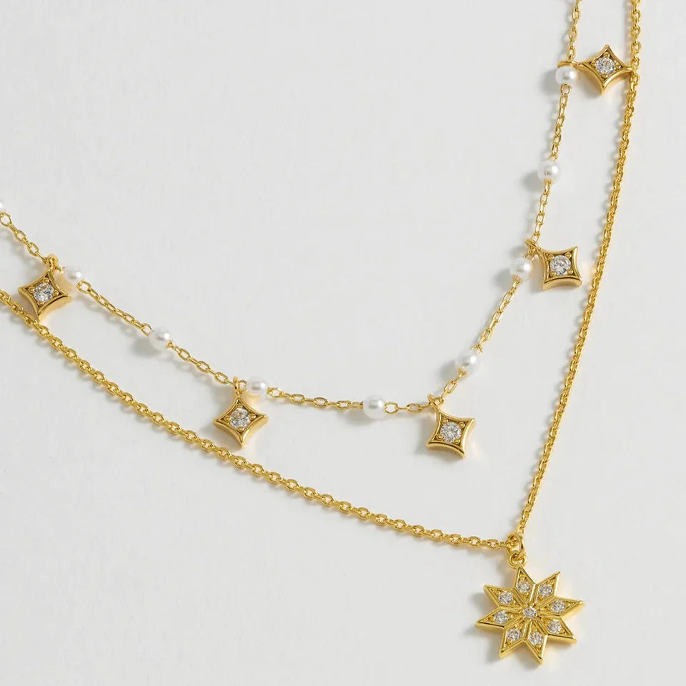 Pearl & Star Double Chain Necklace - Gold