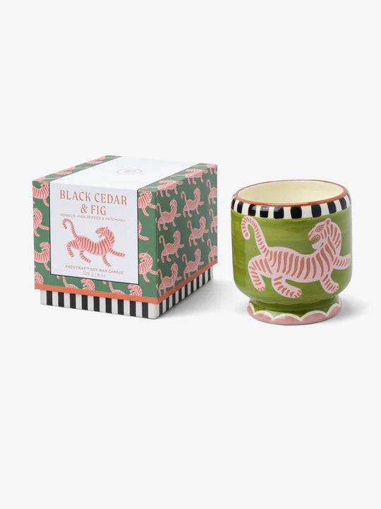 Adopo Tiger Ceramic Candle - Black Cedar & Fig Boxed