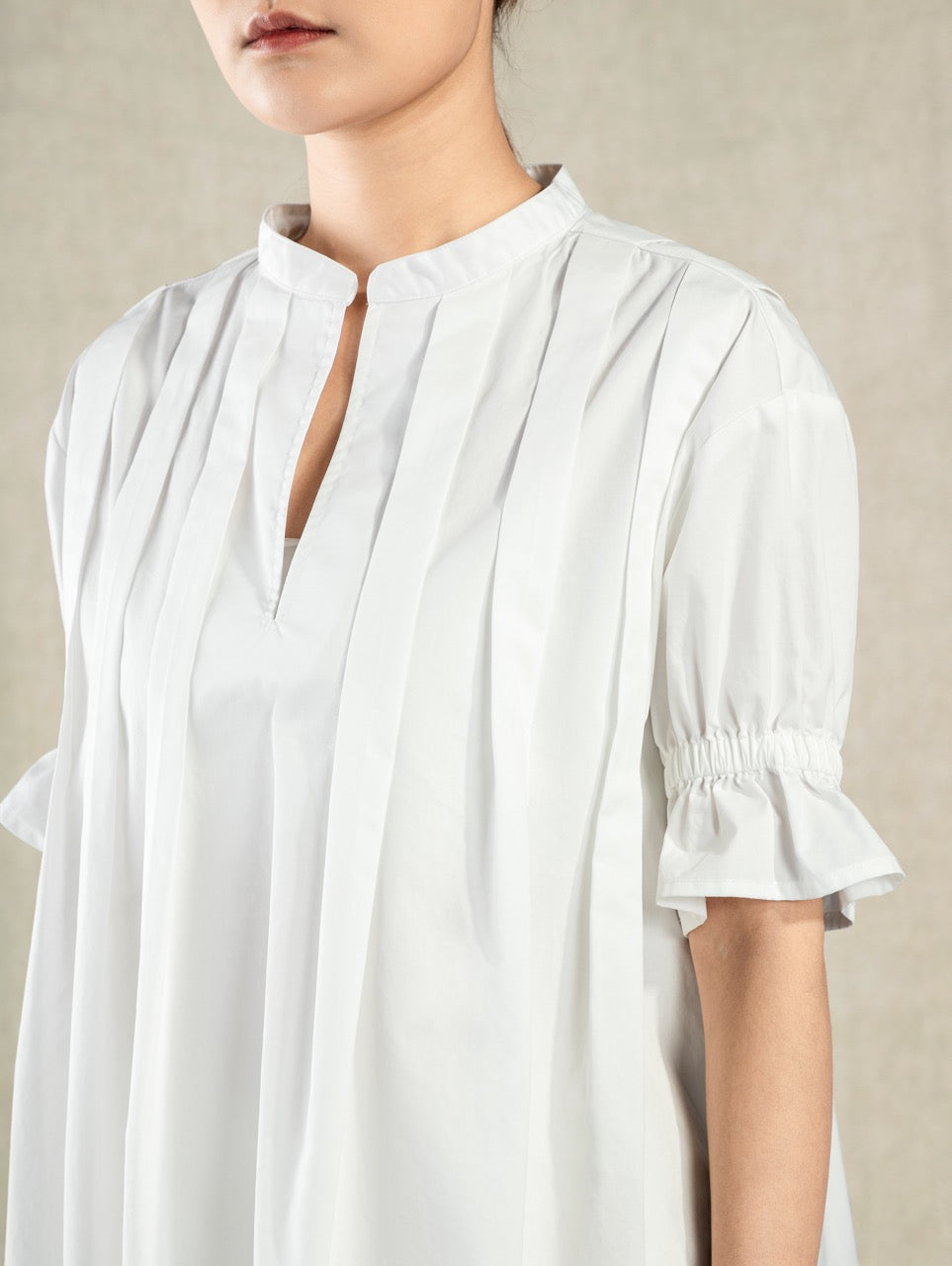 Pleated V-neck SS Blouse Pure White