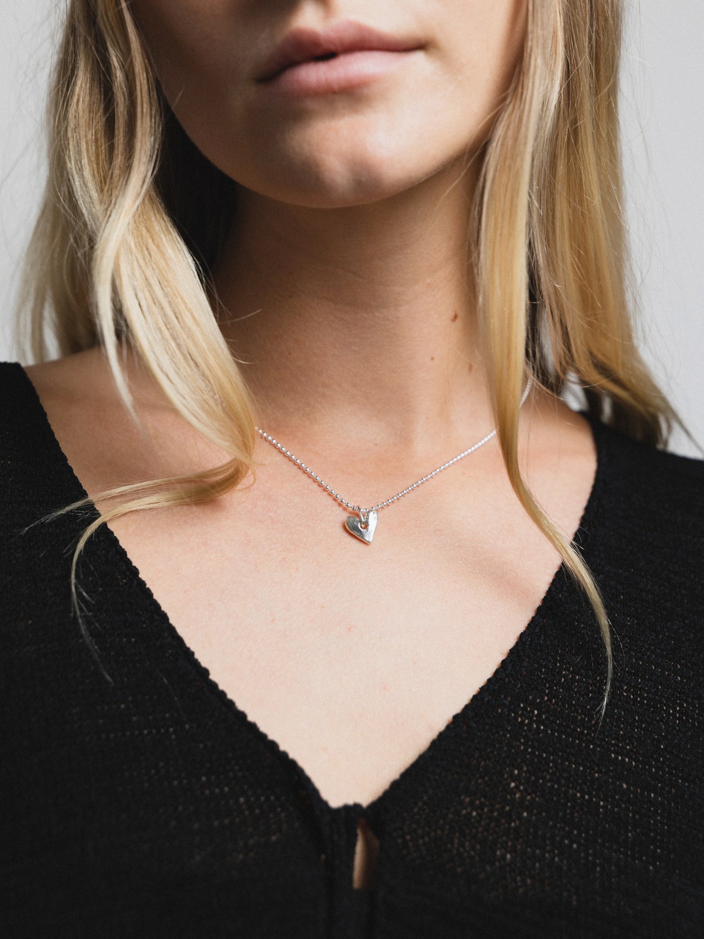 Organic Heart Pendant Silver Bead Chain 18"