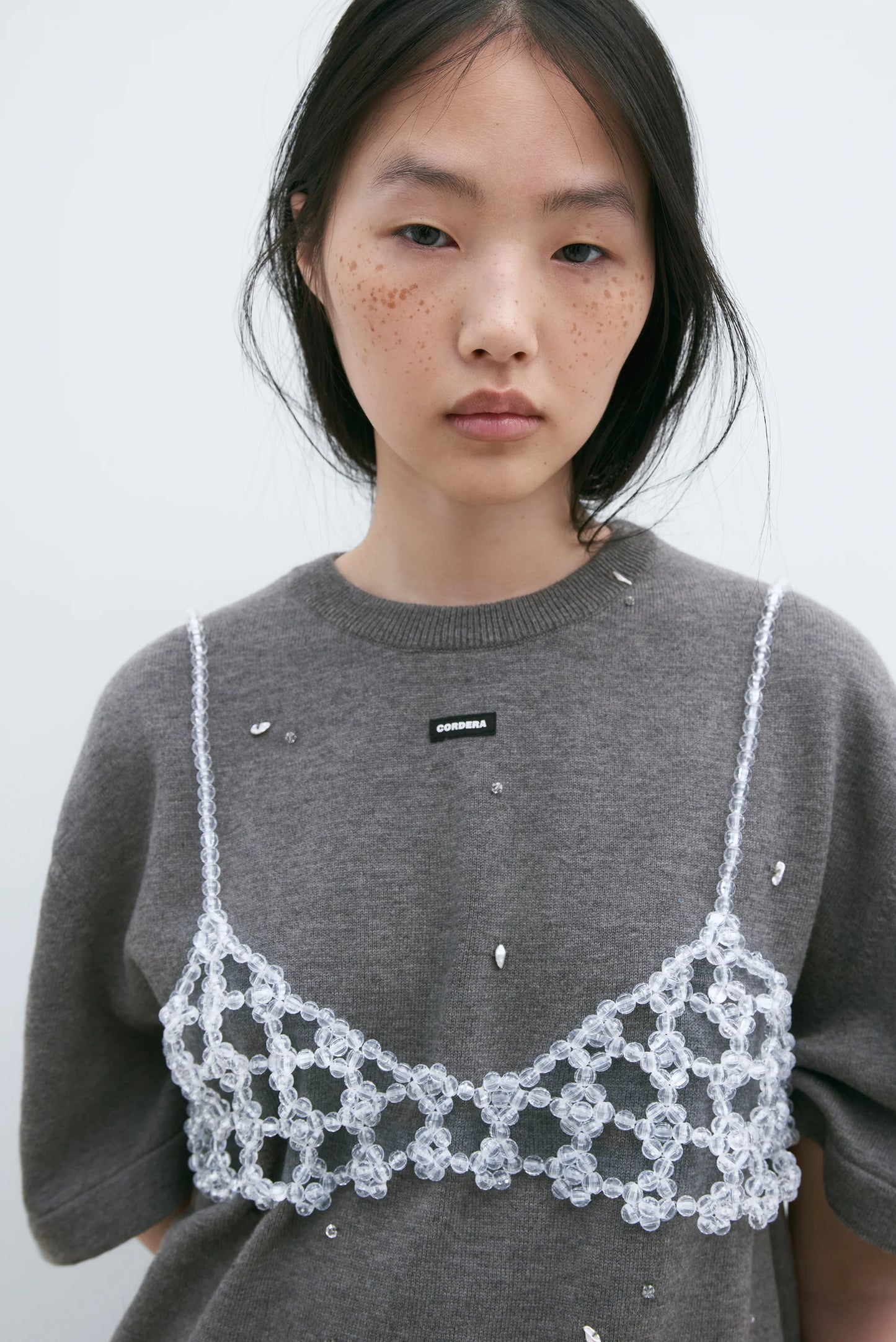 Grey Beaded Merino Wool T-Shirt