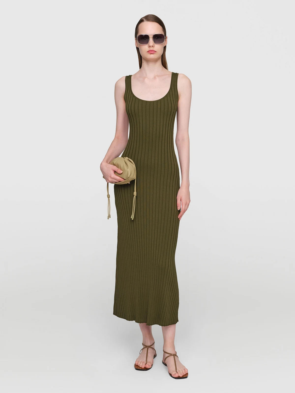 Olive Green Ribbed Sleeveless Belted Knit Midi Dress