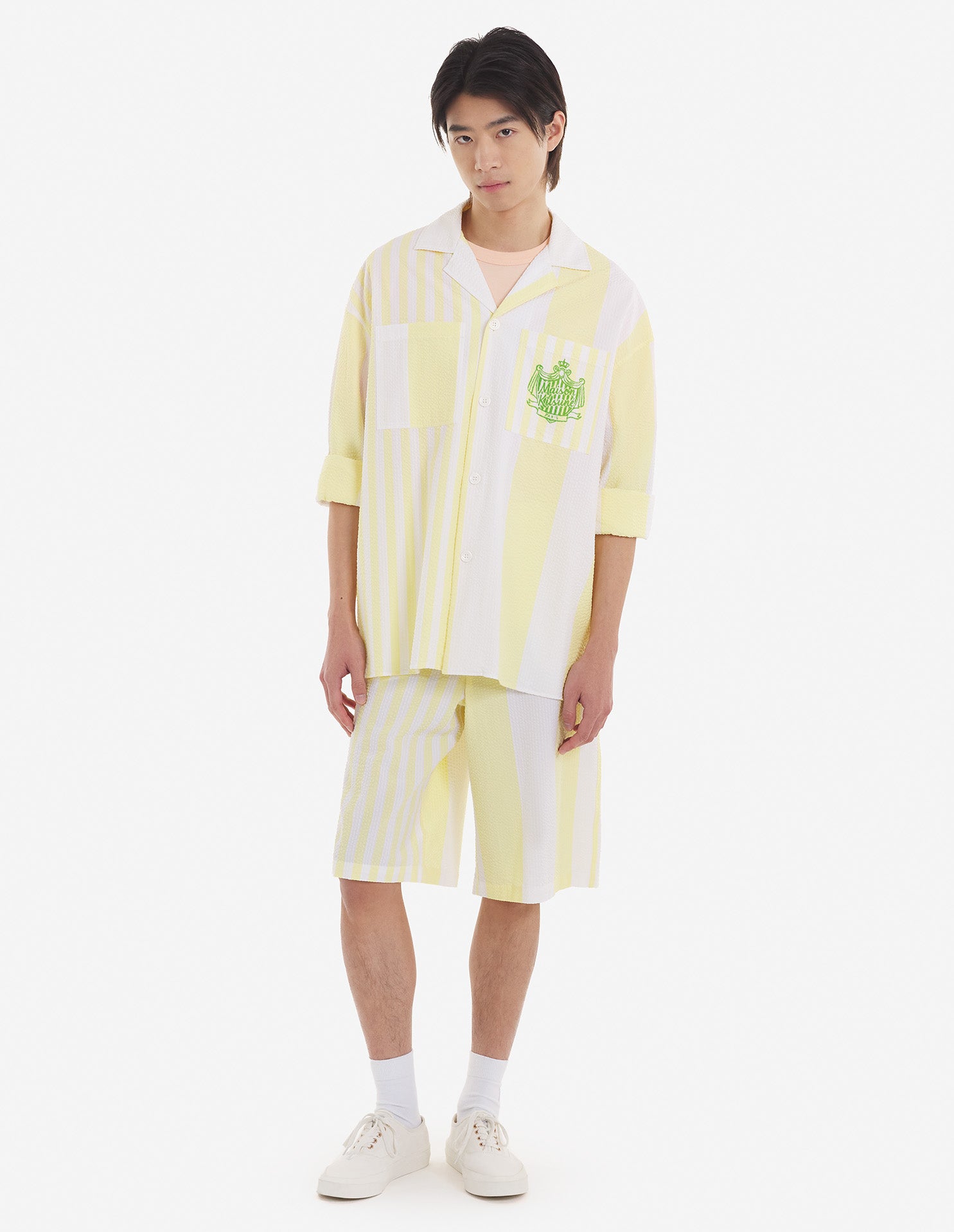 Maison Kitsune | overshirts for men - Poolside Stripes | lemon | kapok