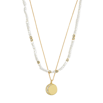 CZ And Pearl Double Chain And Moon Necklace - Gold Plated