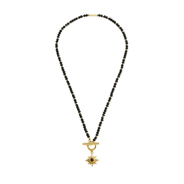 Black Agate Star Charm T-Bar Necklace - Gold Plated