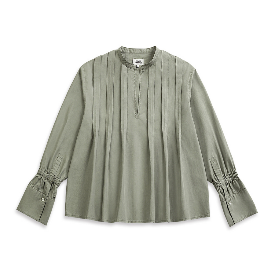 Band Collar Pleated Blouse Olive