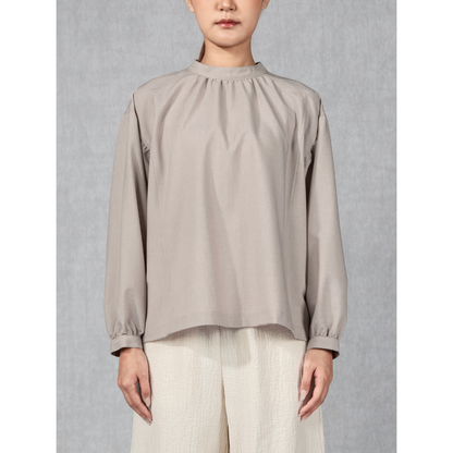 Band Collar Gathered Blouse Heather Taupe