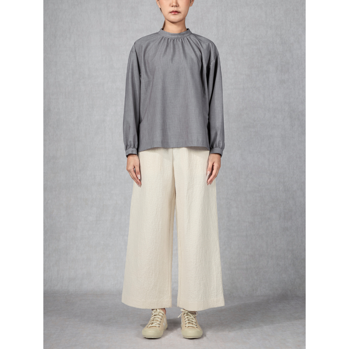 Band Collar Gathered Blouse Heather Grey