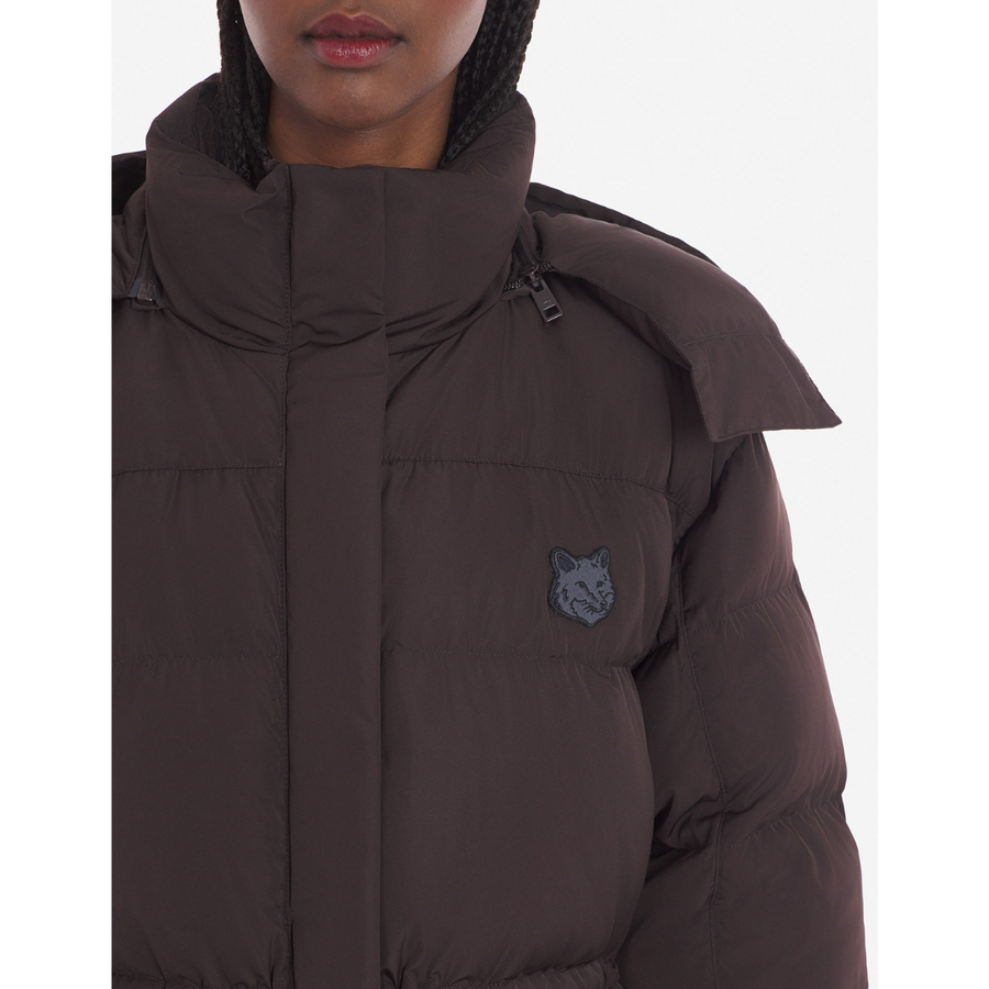 Hooded Puffer In Nylon With Bold Fox Head Patch Pecan Brown (women)
