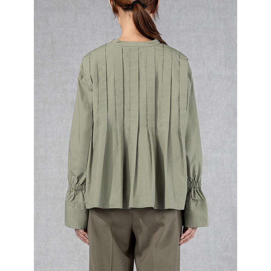 Band Collar Pleated Blouse Olive