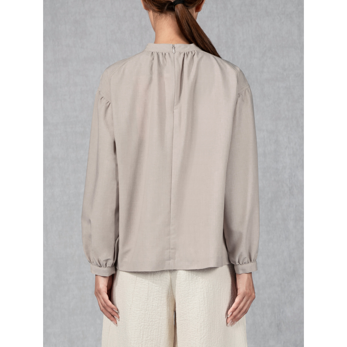 Band Collar Gathered Blouse Heather Taupe