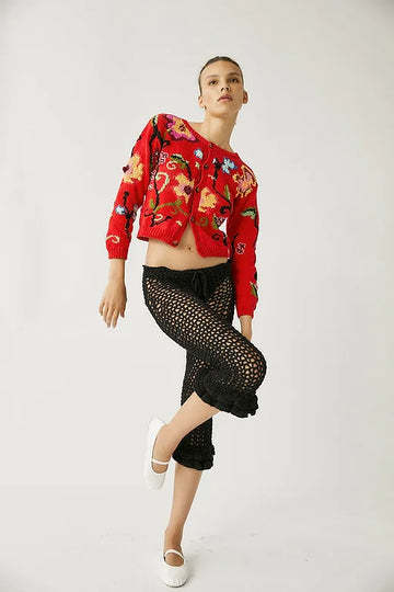 Kamba Hand Knitted Floral Cardigan Red