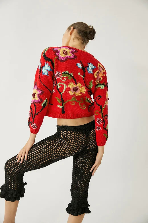 Kamba Hand Knitted Floral Cardigan Red