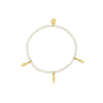 Pearl Triple Feather Bracelet - Gold Plated