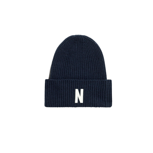 Dark Navy Merino Lambswool Rib N Logo Beanie
