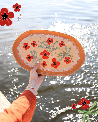 Large Oval Plate Orange with Flowers