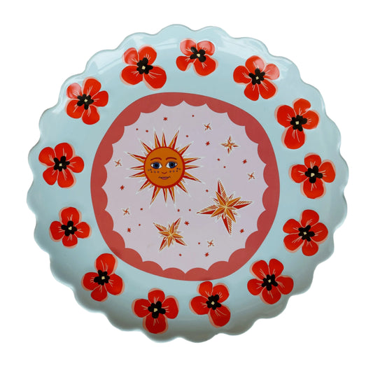 Large Round Plate Blue with Poppies