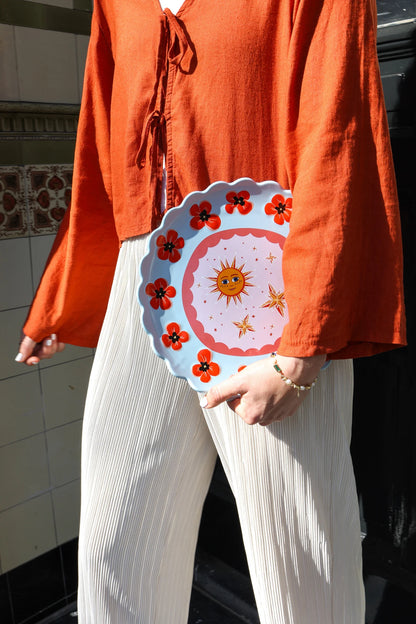 Large Round Plate Blue with Poppies