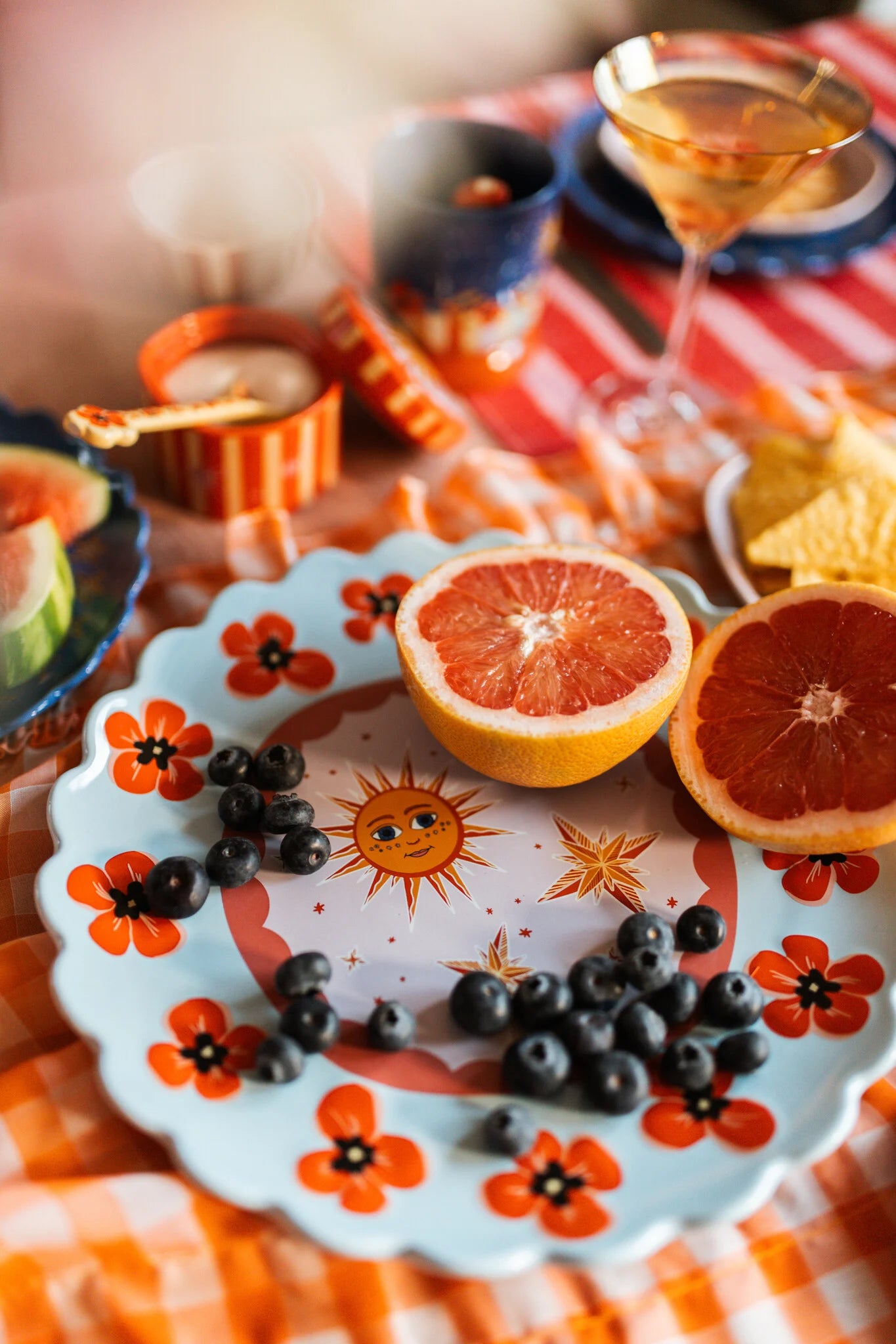 Large Round Plate Blue with Poppies