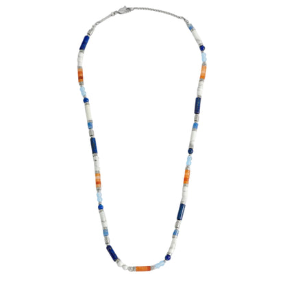 Blue, Orange And White Mix Bead Necklace