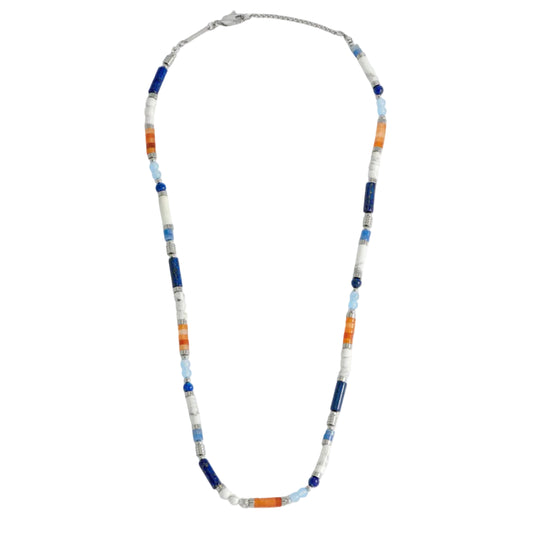 Blue, Orange And White Mix Bead Necklace