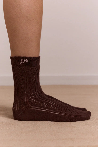 Calf Length 2 Pack Pointelle Socks-Choc & Purple