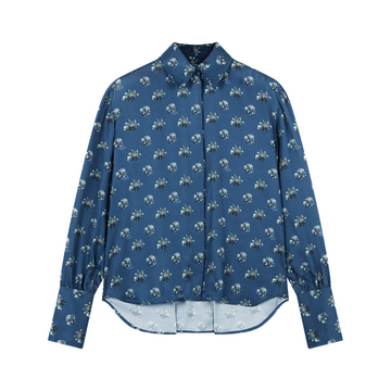 Boxy Shirt With Concealed Placket In Floral Print Denim Blue Bouquet Allover