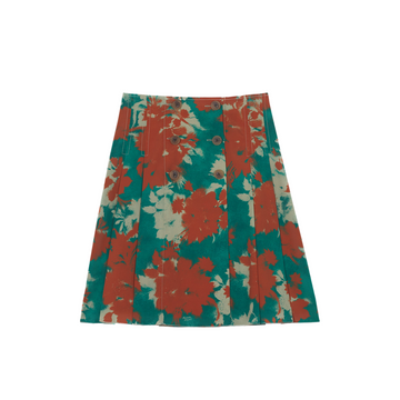 Knee Pleated Wrap Skirt In Bouquet Rust/Emerald Green Floral Cameo