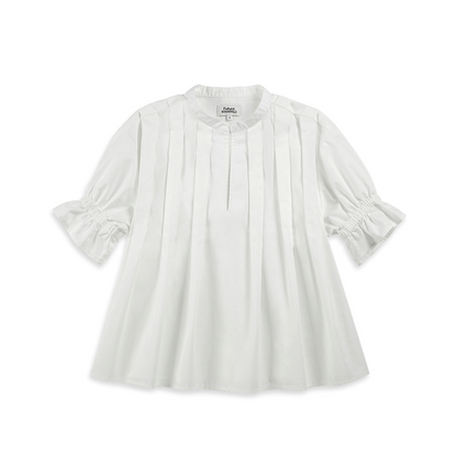 Pleated V-neck SS Blouse Pure White