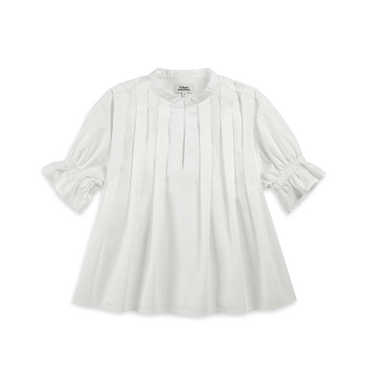 Pleated V-neck SS Blouse Pure White