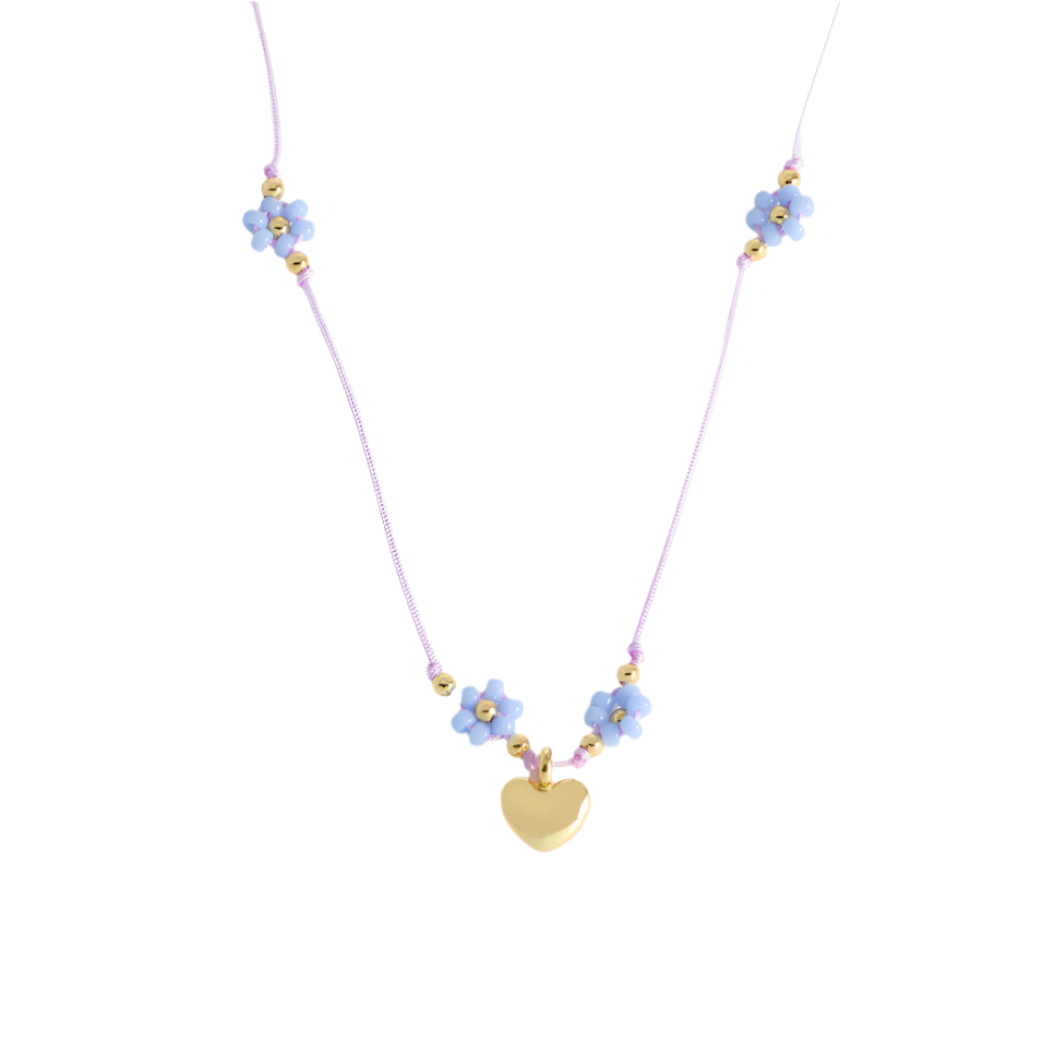 Heart And Blue Flower Miyuki Necklace - Gold Plated