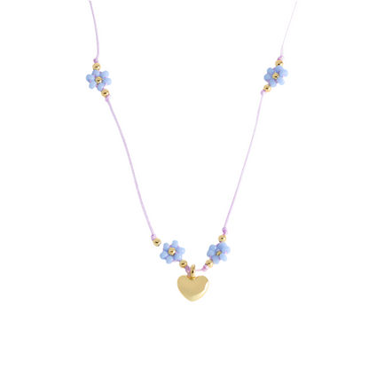 Heart And Blue Flower Miyuki Necklace - Gold Plated