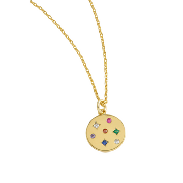 Multi Rainbow CZ Coin Necklace Gold Plated