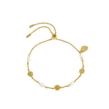 Textured Disc Flower Pearl Bracelet Gold Plated