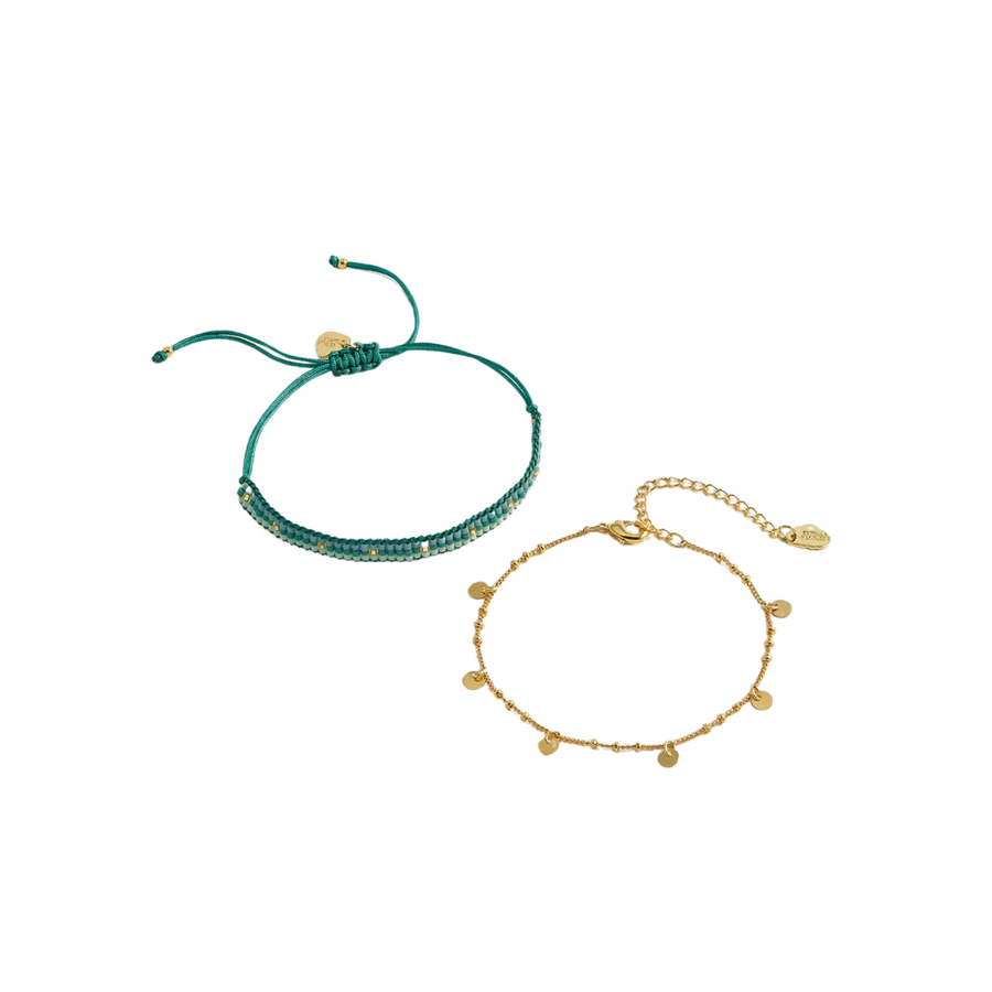 Woven Beaded Duo Charm Bracelets Gold Plated