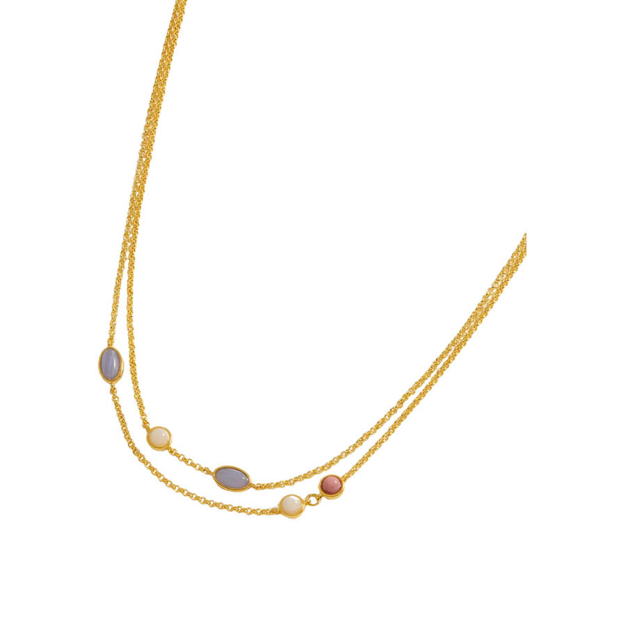Multi Gemstone Double Chain Necklace Gold Plated