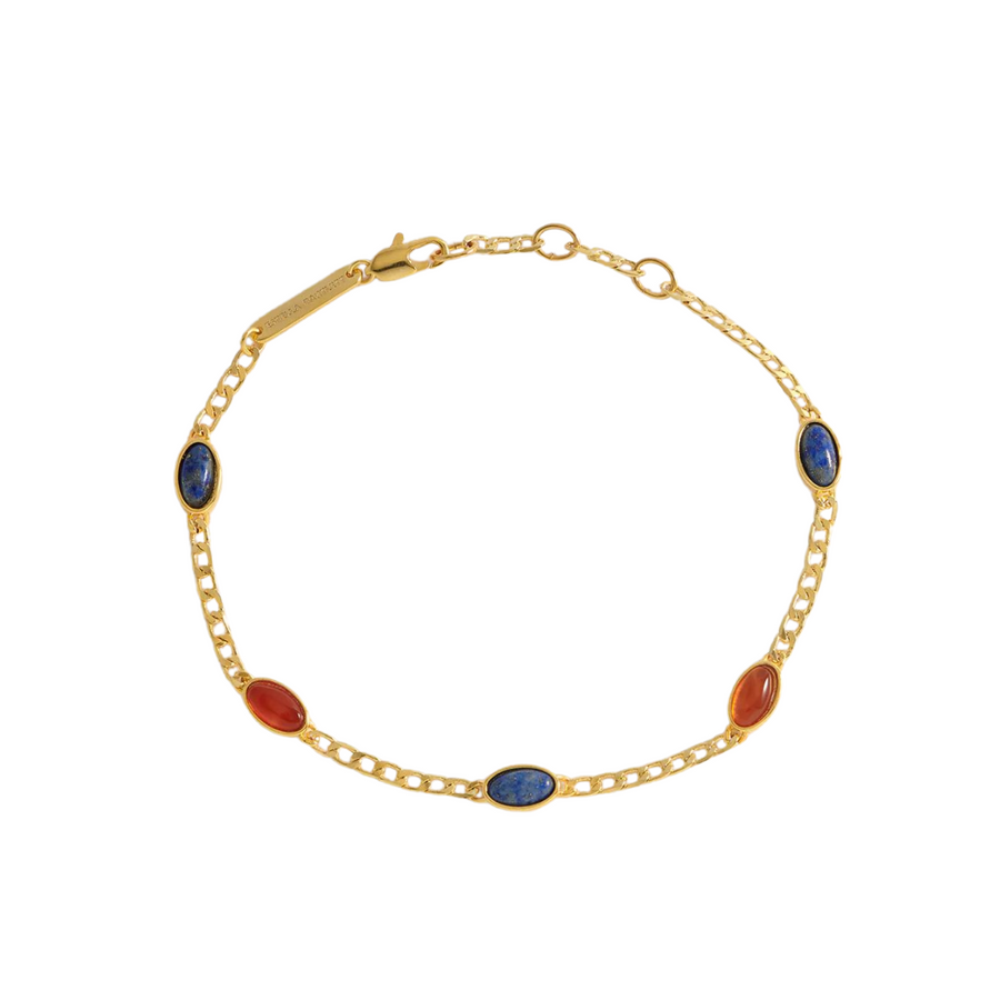 Lapis And Red Agate Gemstone Chain Bracelet Gold Plated