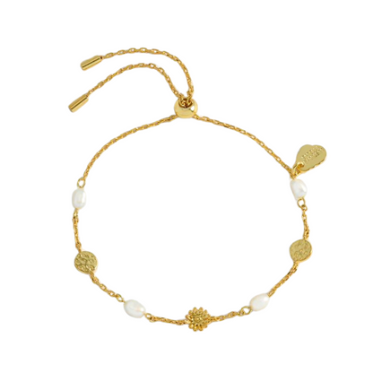 Flower Pearl Hammered Disc Bracelet-Gold Plated