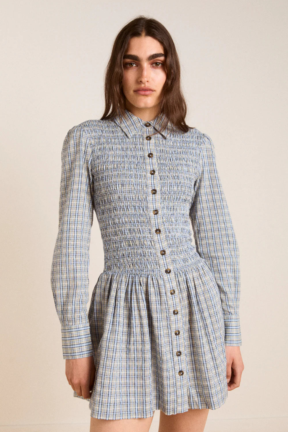 damson madder bora mini dress Bora Smocked Bodice Long Sleeve Organic Cotton Seersucker Minidress (Women)