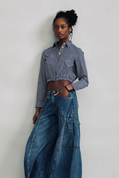 Cropped Elastic Waist Shirt