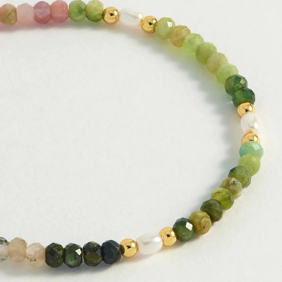 Watermelon Tourmaline & Pearl Bracelet - Gold Plated with T-bar