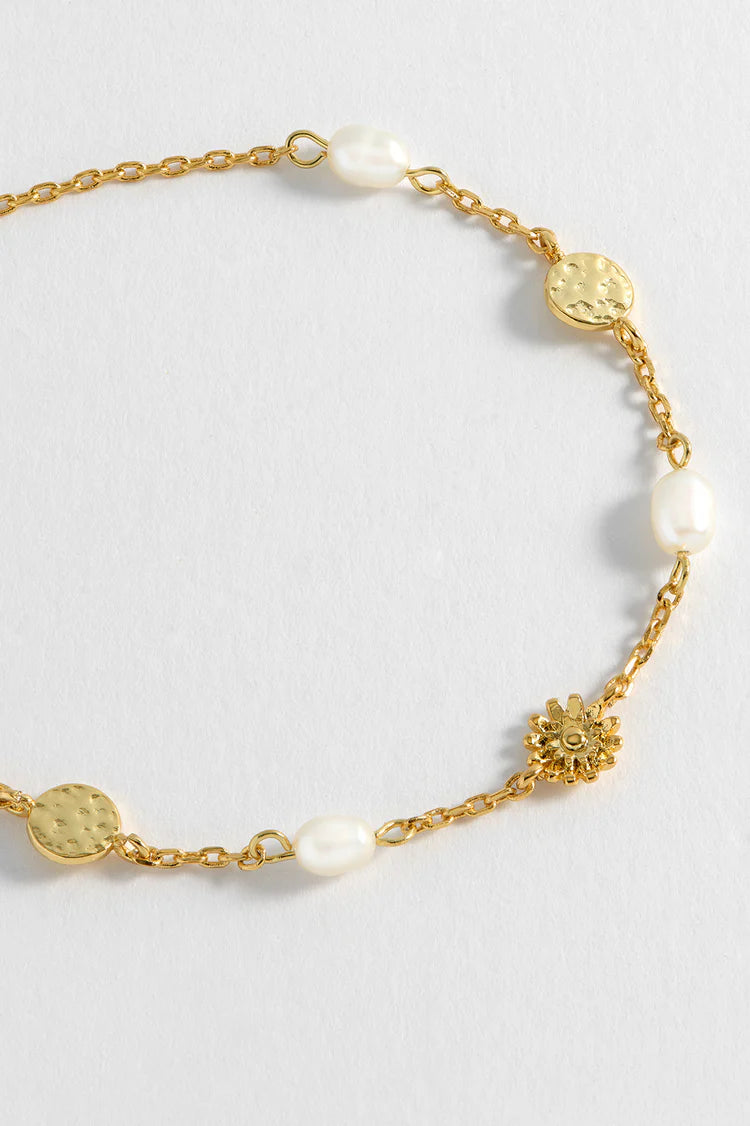 Flower Pearl Hammered Disc Bracelet-Gold Plated