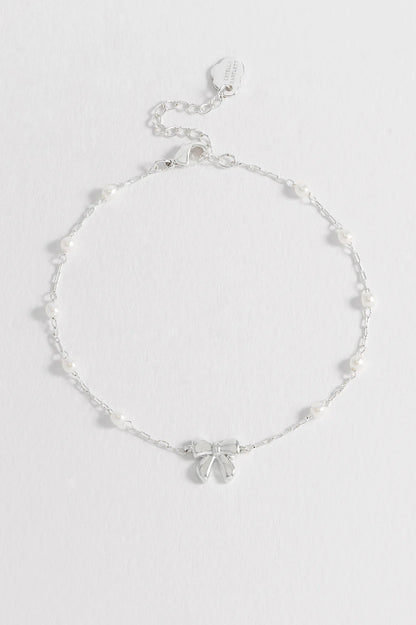 Bow with Pearl Beaded Chain Bracelet Silver Plated