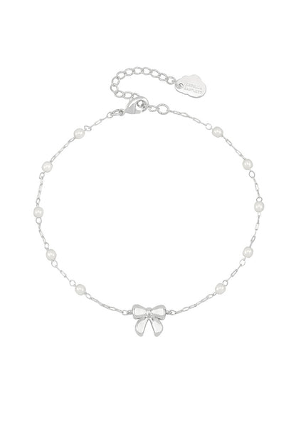 Bow with Pearl Beaded Chain Bracelet Silver Plated