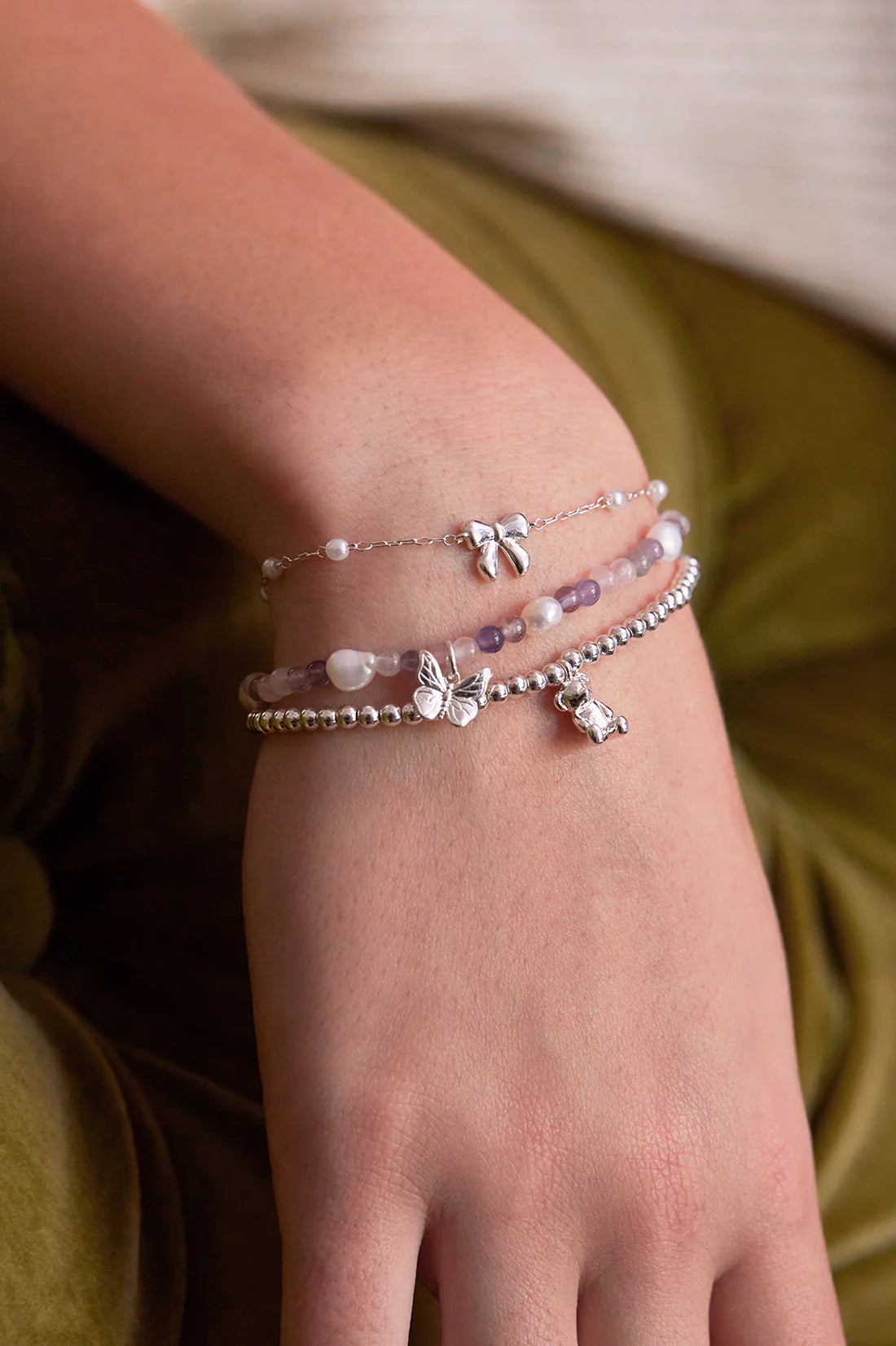 Bow with Pearl Beaded Chain Bracelet Silver Plated