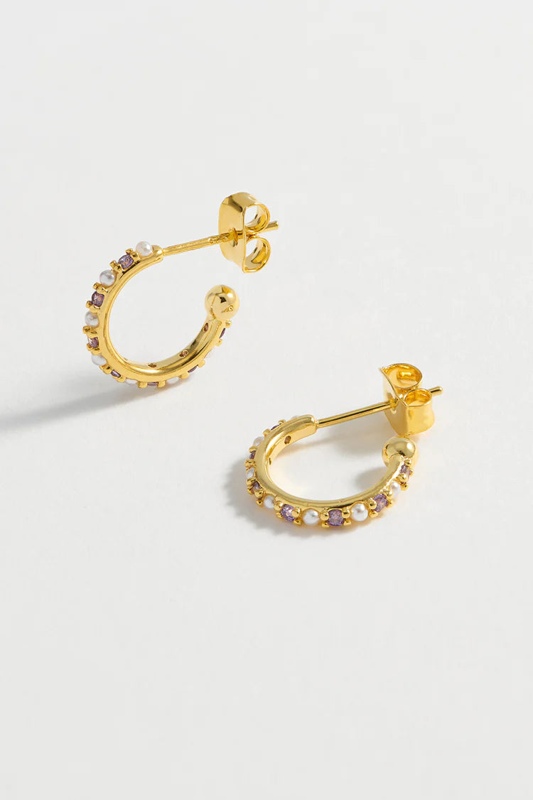 Pearl And Purple CZ Hoops - Gold