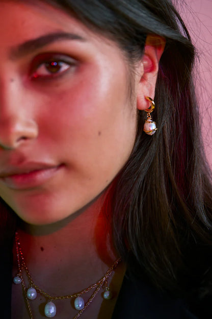 Pearl Wrap Drop Hoops - gold plate