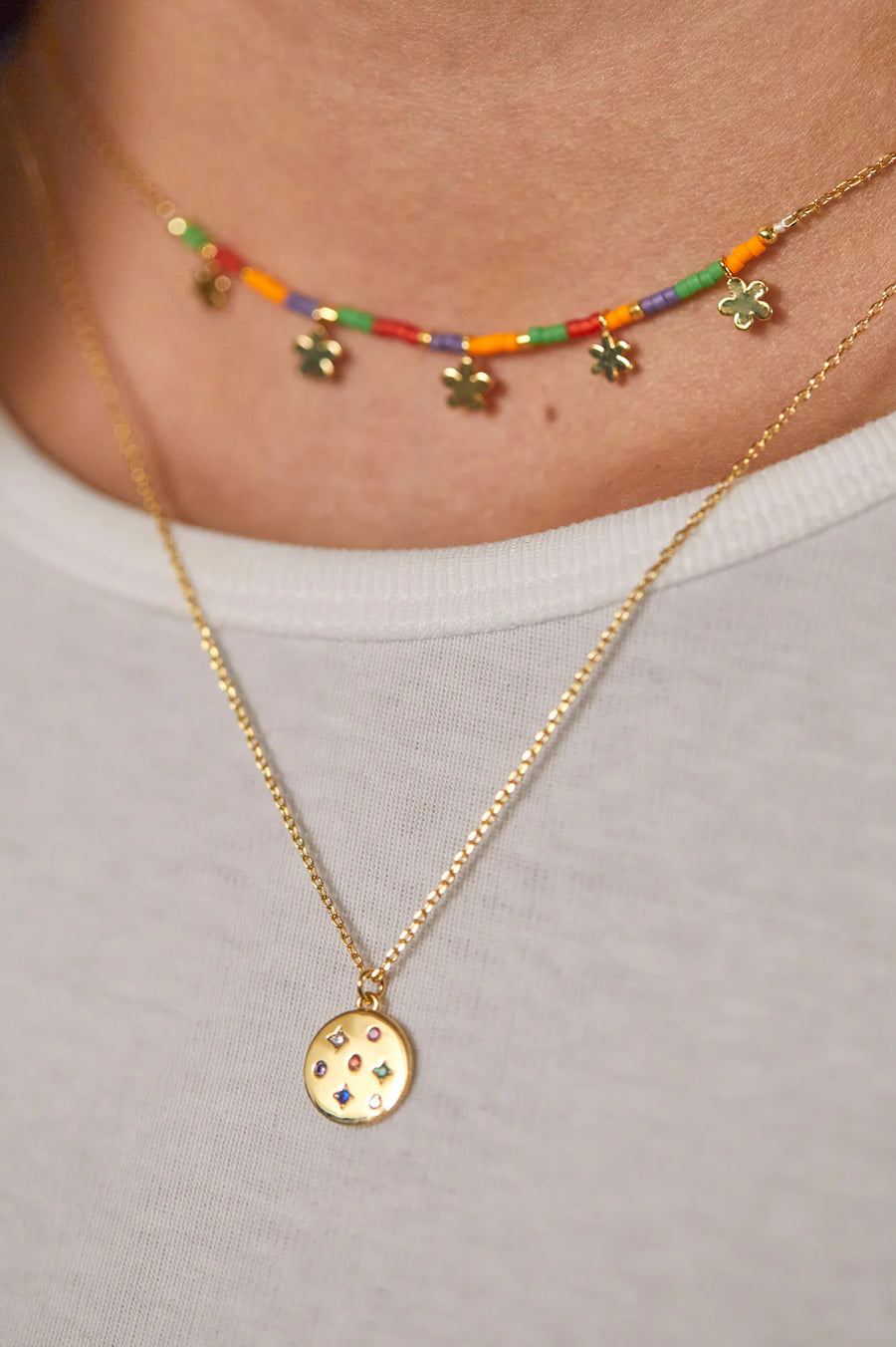 Multi Rainbow CZ Coin Necklace Gold Plated