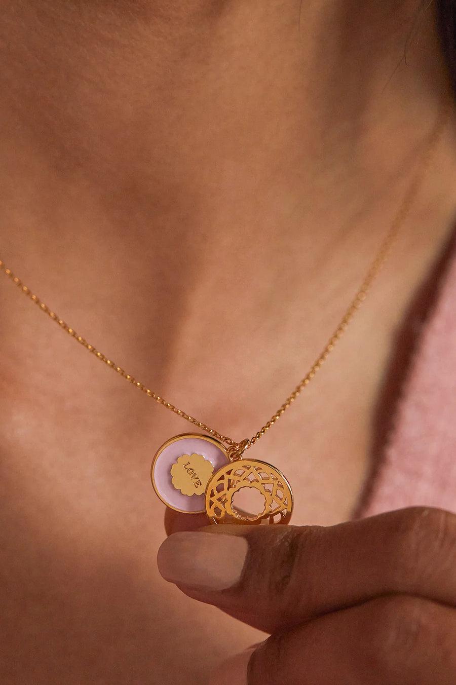 Pink Enamel Mandala Necklace - Gold Plated