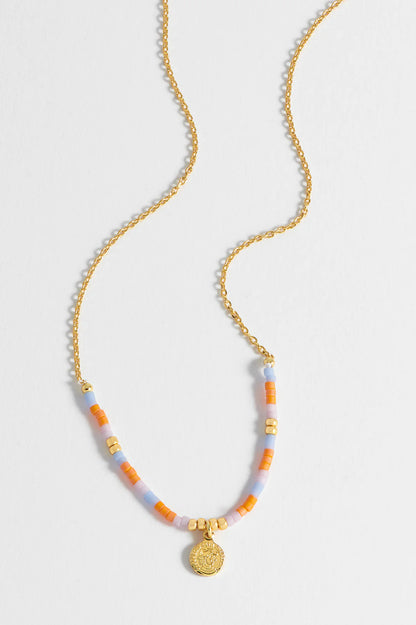 Orange And Blue Miyuki Coin Necklace Gold Plated